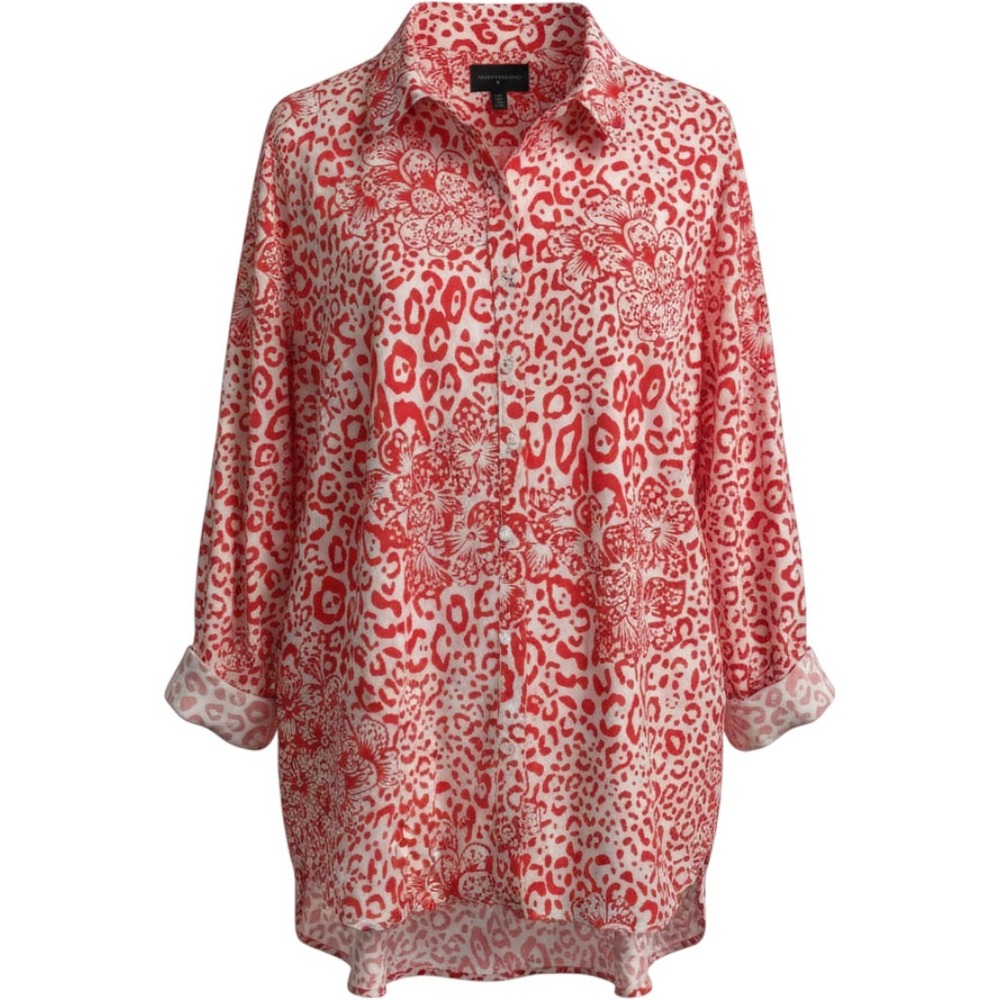 Investments dark pink & White Animal Floral Button Down Plus 22W Wrinkle Free
